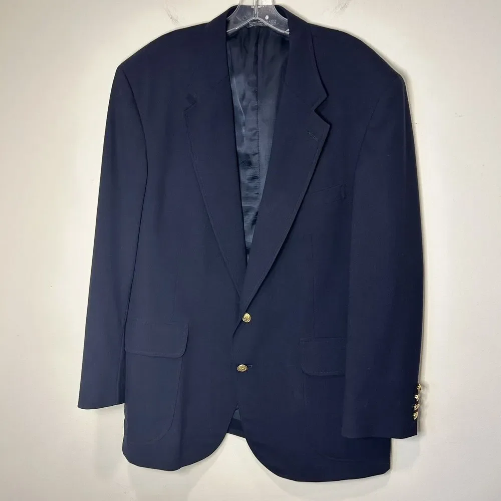 Lands End Men's Wool Navy Blue Jacket Blazer Gold Crest Anchor Buttons Size 44R